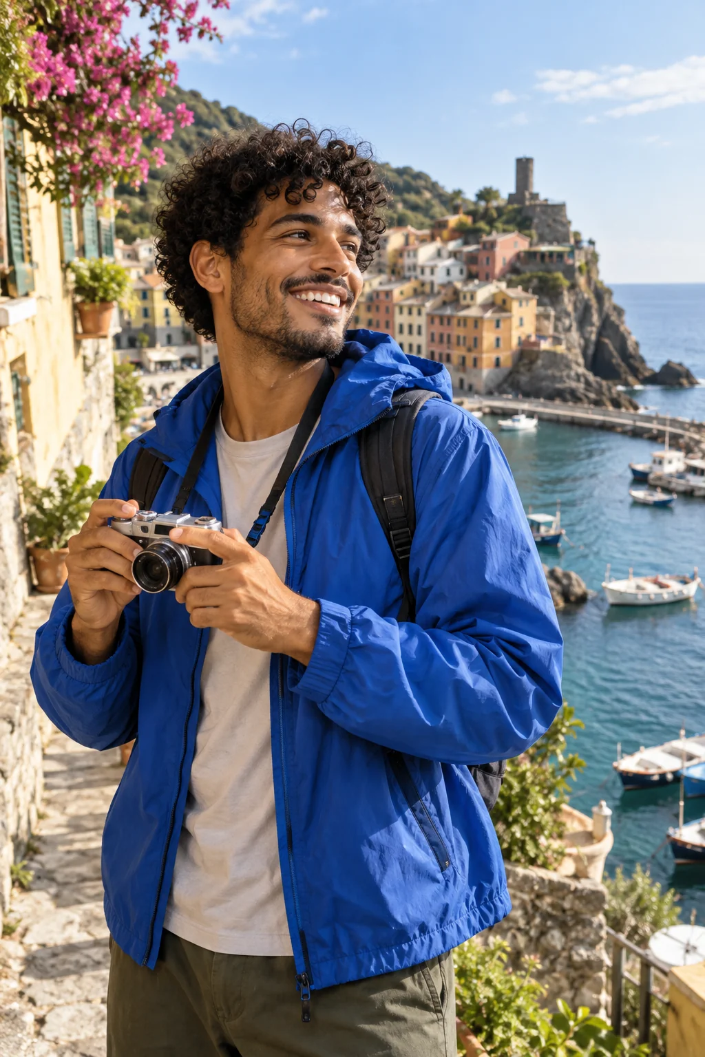 海滨村庄中手持相机的旅行创作者
